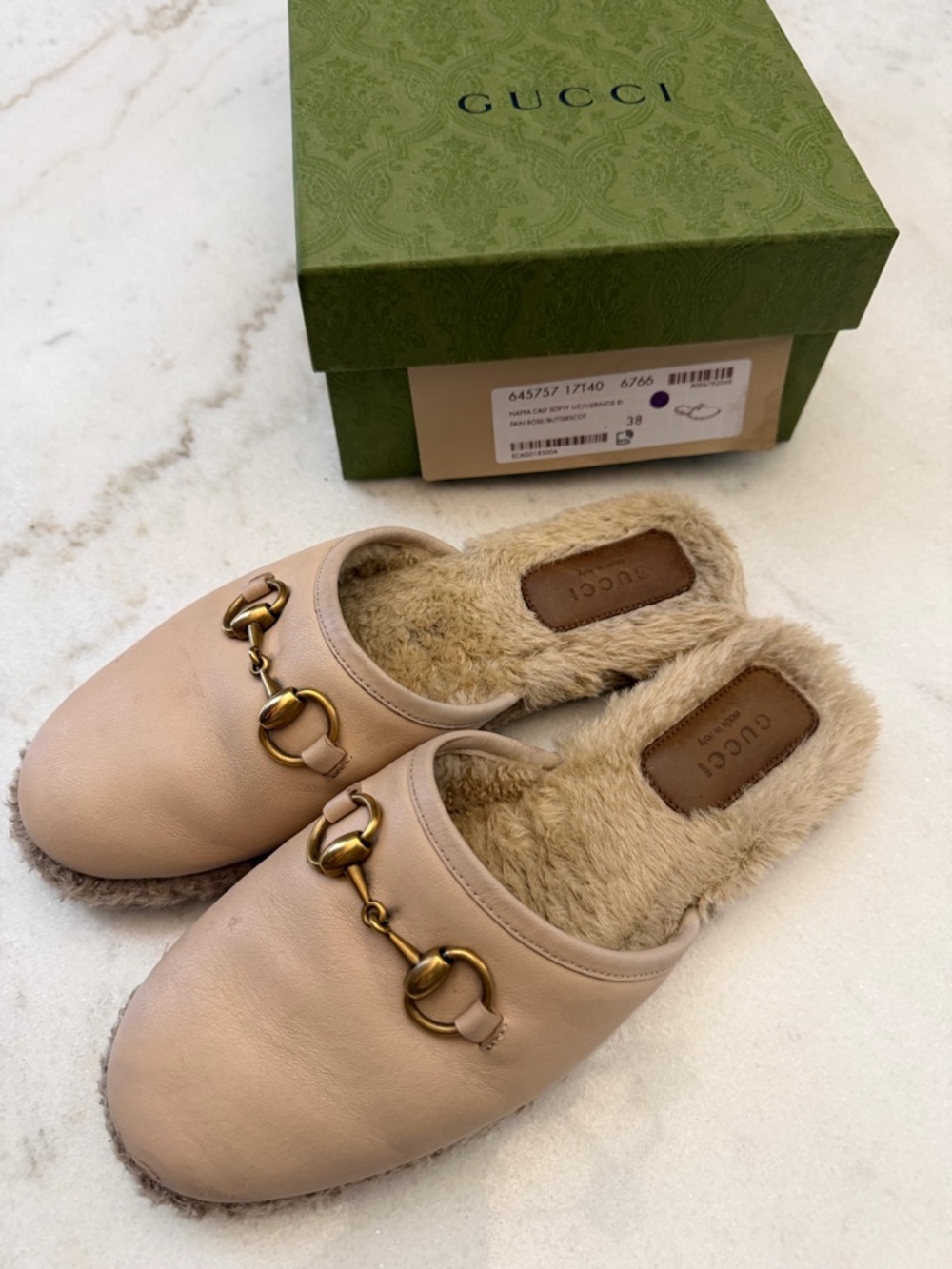 Gucci Beige Leather Fur-Lined Horsebit Mules - Picture 3 of 10